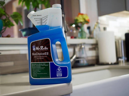 Mr. Rooter BioChoiceES® bottle sitting on kitchen counter.